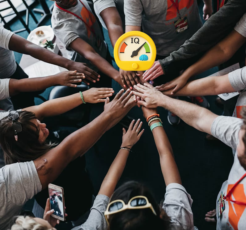 Group of peope hands with icon of IQ meter